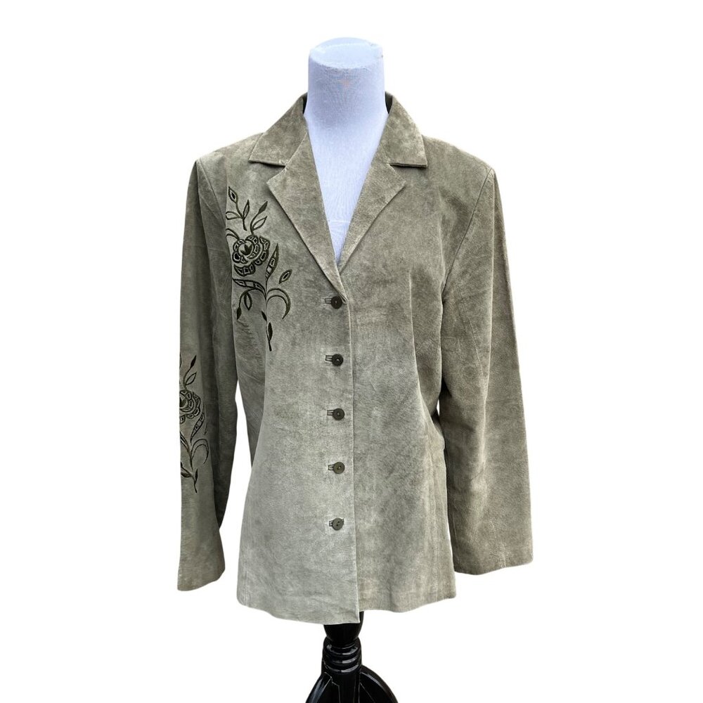 Victor Costa Suede Blazer Jacket Soft Green Embroidered Cut outs Floral size L